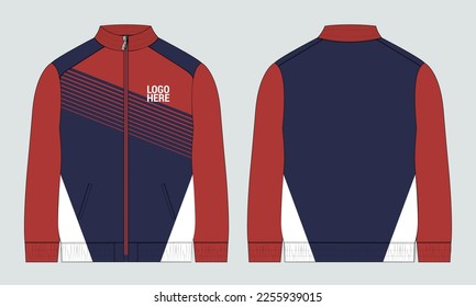 Two tone navy and red color Long sleeve zipper with pocket tracksuits jacket sweatshirt technical fashion flat sketch vector illustration template front and back view. 
