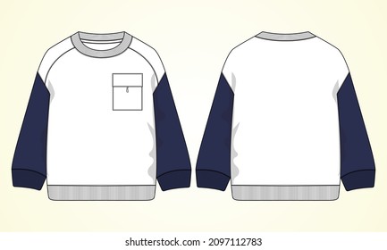 Two tone Navy, white Color Fleece Cotton Jersey Sweatshirt With Pocket technical fashion Flat Sketches   vector template For men's. Apparel dress design mockup CAD illustration.