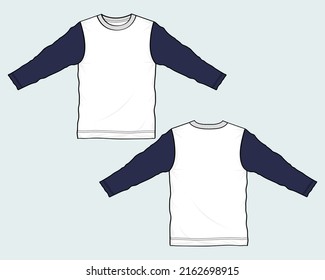 Dos tonos de la camiseta de manga larga de color blanco y de la Marina de color blanco general de la moda técnica de dibujo plano vector de la plantilla Ilustración vistas frontal y posterior. Diseño de prendas de vestir básicas Maqueta para hombres y niños.
