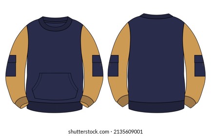 Two tone Navy, Yellow Color Long sleeve Sweatshirt overall technical fashion Flat Sketches drawing vector template For men's. Apparel dress design Navy Color Sweater illustration mockup CAD.
