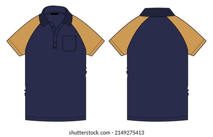 Two tone navy and yellow Color Short sleeve polo shirt fashion flat sketch vector illustration template Front and back views. Flat style Apparel Polo T shirt Mock up Cad.