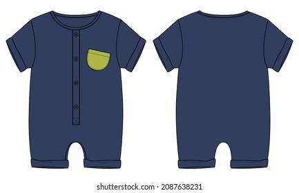 Two tone Neon, Navy color Baby bodysuit Romper Technical Fashion sketch vector template Front, back view. Modern Stylish Kids Dress design illustration.
