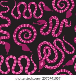 Two tone pink snakes on a black ground, the snakes are graphic and friendly, coiled up and slithering, 3 colors, vector seamless pattern