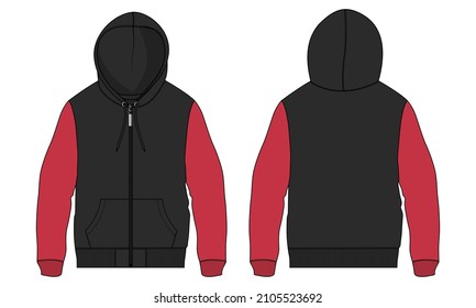 Two tone Red and black Color hoodie Technical Fashion flat sketch Vector illustration template front and back views isolated on white background.
