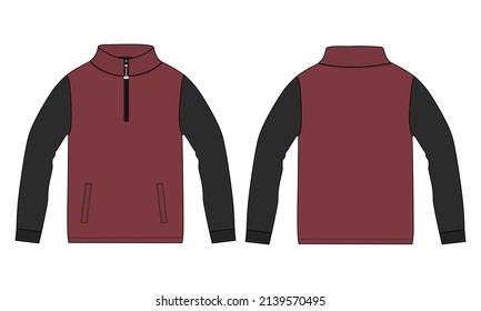 Zwei Tönrot, schwarz Langarm Kurzer Reißverschluss und Steg Up Collar Jacke Sweatshirt technische Mode Flach Sketch Vektorgrafik Schwarz, Marineinfarbige Vorlage einzeln auf Weiß
