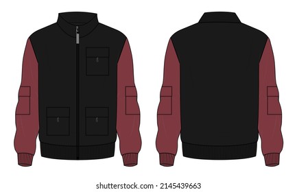 Two tone Red and black Color Long sleeve jacket with pocket and zipper technical fashion flat sketch vector illustration template front, back views. Fleece jersey sweatshirt jacket for men's and boys.