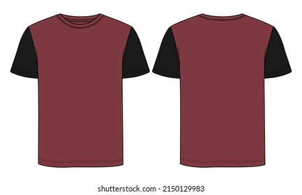 Two tone Red and black Color short sleeve t shirt Technical fashion flat sketch vector illustration template front and back views . Flat style Apparel Design Mock up Cad for men's and boys.