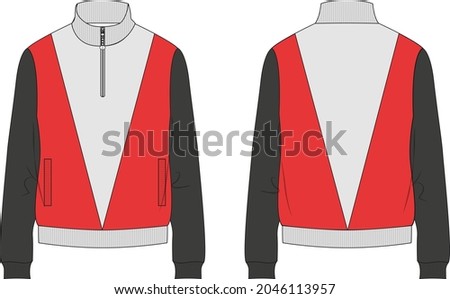 Two tone Red and Black Long sleeve with Short zip fleece jacket overall technical fashion Flat sketch Vector illustration template Front, back views. Apparel Sweater Jacket mock up CAD.