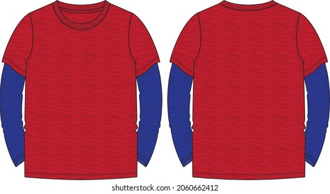 Dos tonos rojos, azul, color Camiseta de manga larga general de la moda técnica de dibujo plano vector de la plantilla Ilustración vistas frontal y posterior aisladas en blanco. Diseño de prendas de vestir básicas