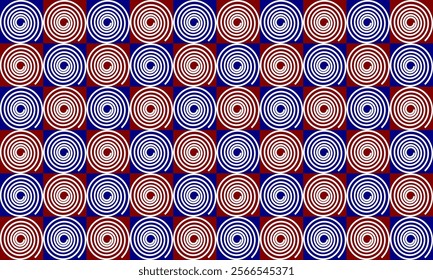 Two tone red and blue seamless pattern with circles, Fuzzy spin spiral block repeat seamless pattern, design for fabric print or wallpaper, checkerboard, chessboard