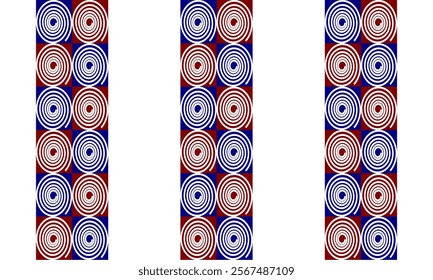 Two tone red and blue seamless pattern with circles, Fuzzy spin spiral block repeat seamless pattern, design for fabric print or wallpaper, checkerboard, chessboard, check, vertical strip column 