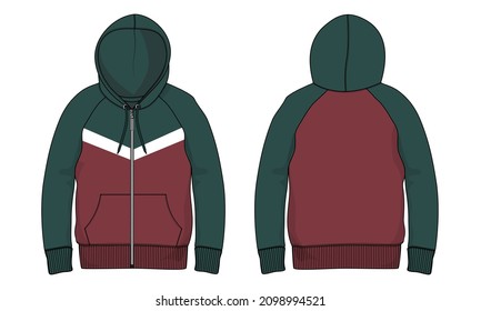 Two tone Red, Green Color Long sleeve hoodie with Zipper technical fashion Drawing sketch template front and back view. apparel dress design vector illustration mock up jacket CAD. 
