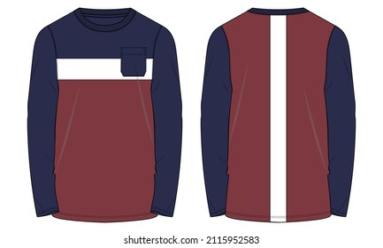 Two Tone Red, Navy Blue Long Sleeve Round Neck With Pocket And Long Bottom T Shirt Technical Fashion Flat Sketch Vector Illustration Template Front, Back Views. Cotton Fabric Apparel Design Mock Up. 