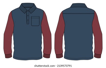 Two Tone Red, Navy Blue Color Long Sleeve Polo Shirt With Pocket Technical Fashion Flat Sketch Vector Illustration Template Front And Back Views. Apparel Polo T Shirt Mock Up Cad.