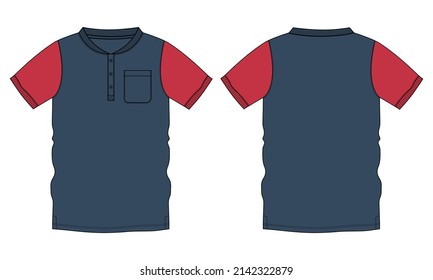 Two tone red, Navy blue Color Short Sleeve T-Shirt with pocket Overall Technical fashion flat sketch vector illustration template front and back views. Apparel design mock up cad.
