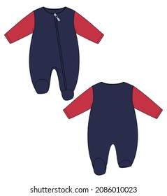 Two tone red, Navy color Baby bodysuit  Romper Technical Fashion sketch vector  template Front,  back view. Modern Stylish Kids Dress design illustration.