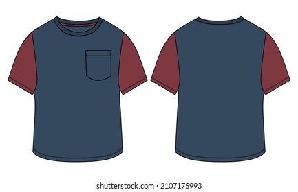 Two tone Red, Navy Color Regular fit short Sleeve basic T shirt  with pocket Technical Fashion Flat sketch Vector Illustration Template Front, back views. Apparel design Mock up drawing illustration.
