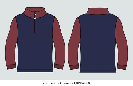 Two tone Red, Navy color Long sleeve With Short zipper jacket sweatshirt overall technical fashion flat sketch vector illustration template. Apparel Jacket Flat drawing vector mock up CAD.