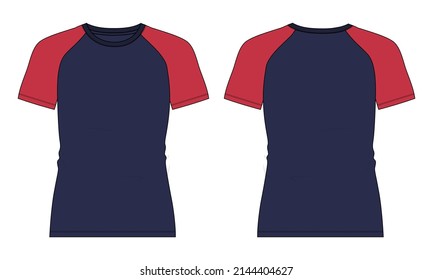 Two tone Red and navy color Short sleeve Raglan T shirt technical fashion flat sketch vector Illustration template front, back views isolated Off white Background. Basic apparel Design Mock up.