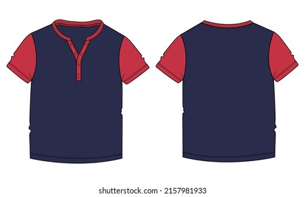 Two tone Red and navy color Short sleeve Basic T-shirt technical fashion flat sketch vector Illustration template front and back views. Basic apparel Design Mock up for Kids and boys.
