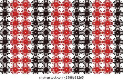 Two tone red rose and black seamless pattern with circles, Fuzzy spin spiral block repeat seamless pattern, design for fabric print or wallpaper, checkerboard, chessboard, check, vertical strip column