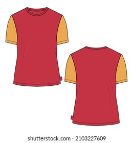 Two tone Red, yellow Color Regular fit Short sleeve with round style bottom T-shirt tops Technical fashion Flat sketch template for Ladies and baby girls Isolated On white Background.