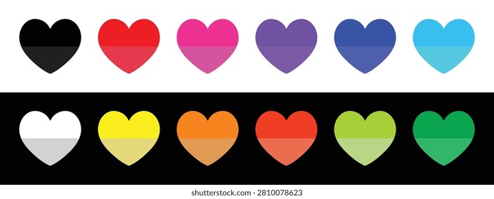 Two Tone Split Colored Heart Icons Collection with Horizontal Bisected Shades on Black and White Backgrounds