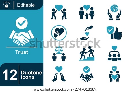 Two tone trust icon collection showing handshake agreement, support, teamwork, security shield, charity, partnership, family protection, and ethical cooperation concepts in modern flat vector style.