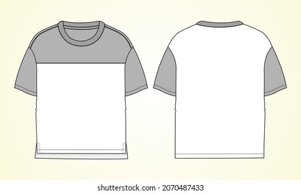 Two tone White, grey color Short sleeve Basic T-shirt overall technical fashion flat sketch vector Illustration template front and back views. Basic apparel Design Mock up for Kids, boys
