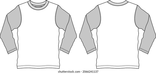 Dos tonos Blanco, gris y largo manga de la camiseta básica Moda técnica Esbozo plano Vector de plantilla Ilustración Vista frontal y posterior. Diseño de ropa Icono ilustración de dibujo. Fácil edición y personalizable.