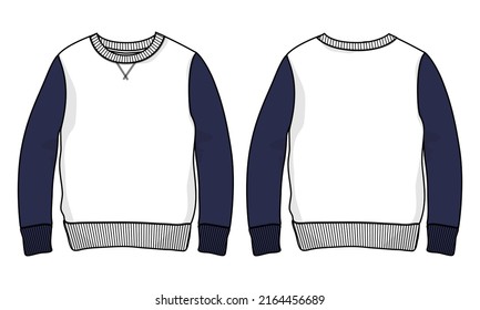 Two tone white and navy color long sleeve sweatshirt technical fashion flat sketch vector illustration template front and back views.