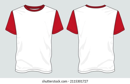 Two tone White, red color Short sleeve  T shirt technical fashion flat sketch vector Illustration template front, back views isolated on grey Background. Basic apparel Design Mock up CAD.