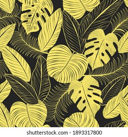 Two Tone Yellow Black Tropical Leaf Seamless Pattern.Using Illuminating Yellow, trendy colour of 2021. For wallpaper, background, textile, wrapping paper, interior deco, surface and product design. 