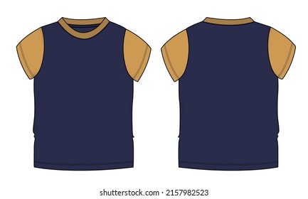 Two tone Yellow and navy color Short sleeve Basic T-shirt technical fashion flat sketch vector Illustration template front and back views. Basic apparel Design Mock up for Kids and boys.
