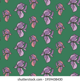 Two tones irises flower on dark green background. Designed in seamless  repeat pattern. Ideal to be used in compliment to the hero pattern. Ready to be printed on wallpaper, spring dresses, beddings.