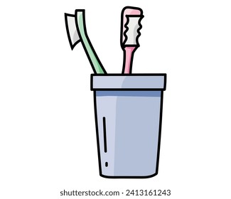 Two toothbrushes in a cup colored doodle vector illustration. Isolated on white background