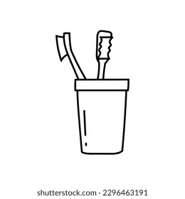 Two toothbrushes in a cup hand drawn outline vector illustration. Isolated on white background