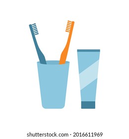 Two toothbrushes  in a  cup. Toothpaste.  Dental hygiene.Vector illustration in flat style on white background isolate.