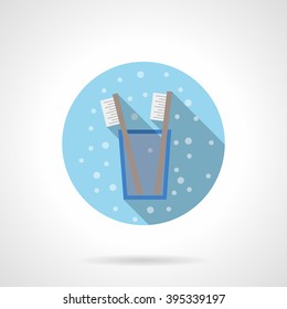 Two toothbrushes in a glass. Bathroom accessories. Hygiene elements. Bubbles style. Flat color round vector icon. Element for web design, business, mobile app. 