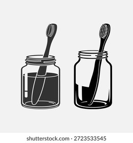 Dos cepillos de dientes en frascos de vidrio con líquido, uno con contorno detallado y el otro en negro sólido