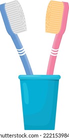 Dos cepillos de dientes en una taza de plástico. Icono de cuidado dental
