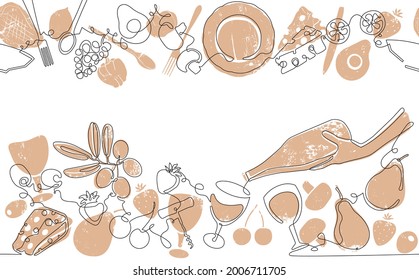 Two top and bottom Seamless Patterns with Food and Utensils. Vector Background. One line art Style. Frame with Organic Food. Can be also yused like Banner, Flyer, Texture.