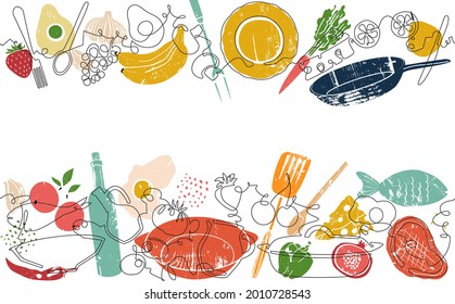 Two top and bottom Seamless Patterns with Food and Utensils. Vector Background. One line art Style. Frame with Organic Food. Can be also yused like Banner, Flyer, Texture.