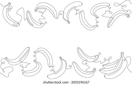 Two top and bottom Seamless Patterns with Bananas and empty space for text between them. Vector Background. Continuous line drawing style. Can be yused for Frame, Banner, Flyer, Texture, Poster.