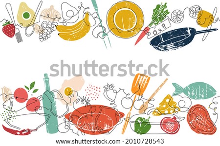 Two top and bottom Seamless Patterns with Food and Utensils. Vector Background. One line art Style. Frame with Organic Food. Can be also yused like Banner, Flyer, Texture. Сток-фото © 