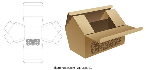 Two top flips house shaped box with Arabic pattern die cut template and 3D mockup