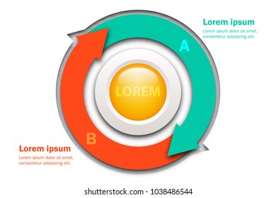 Two topics Green and Orange arrow chart in paper cut style with marble circle in center for website presentation cover poster vector design infographic illustration concept