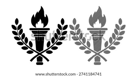 Two torch with laurel wreath icons, solid black and striped outline, symbolizing victory