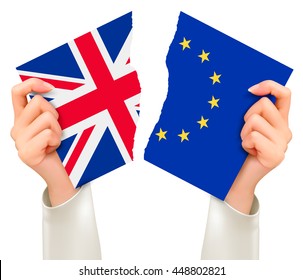 Two torn flags - EU and UK in hands. Brexit concept. Vector.