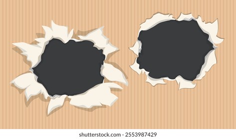 Two torn paper holes on a striped background